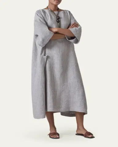 Eskandar Heavyweight Delave Linen Angle-To-Front Side Seam Scoop Neck T-Shirt Dress | Thumbnail 4 Eskandar Heavyweight Delave Linen Angle-To-Front Side Seam Scoop Neck T-Shirt Dress | Thumbnail 4
