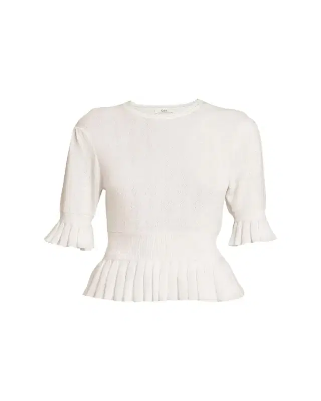 Chloe Short-Sleeve Pointelle Kit Ruffle Crewneck Sweater