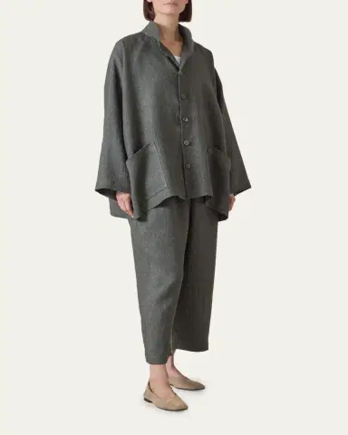 Eskandar Heavyweight Delave Linen Angle-To-Front Double Stand Collar Jacket - Long Length | Thumbnail 2 Eskandar Heavyweight Delave Linen Angle-To-Front Double Stand Collar Jacket - Long Length | Thumbnail 2