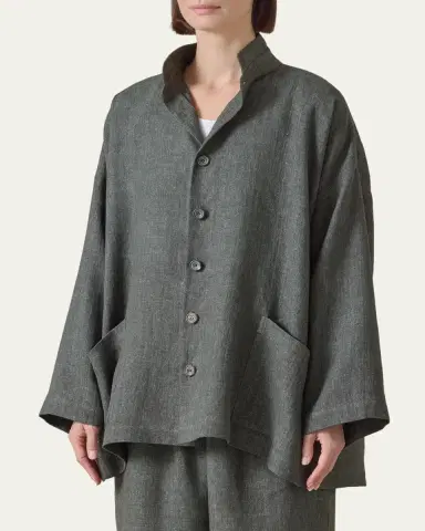 Eskandar Heavyweight Delave Linen Angle-To-Front Double Stand Collar Jacket - Long Length | Thumbnail 4 Eskandar Heavyweight Delave Linen Angle-To-Front Double Stand Collar Jacket - Long Length | Thumbnail 4