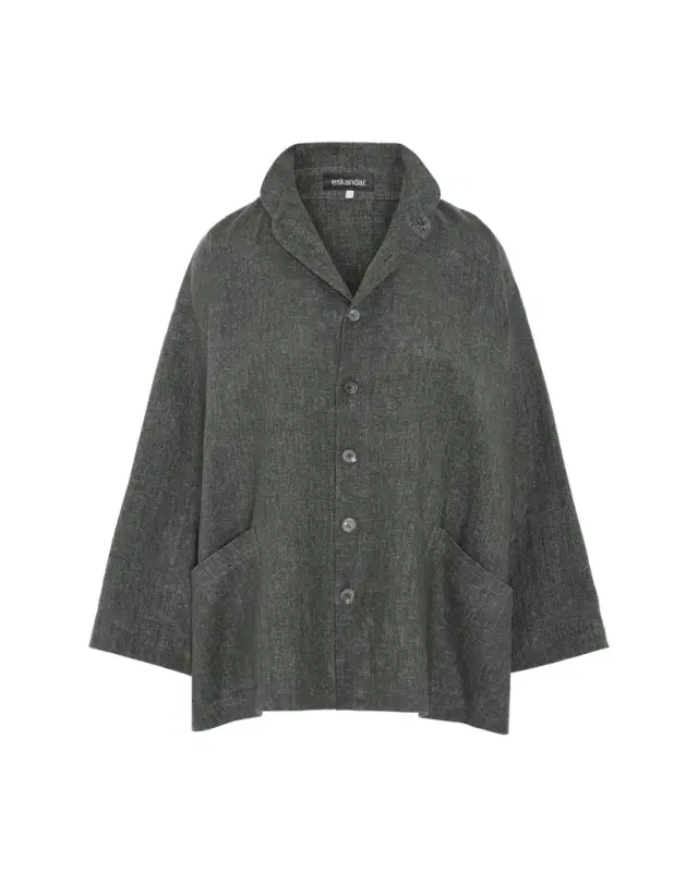 Eskandar Heavyweight Delave Linen Angle-To-Front Double Stand Collar Jacket - Long Length