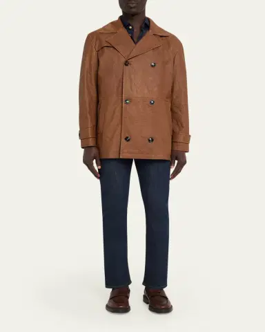 Kiton Men's Leather Vintage-Effect Short Trench Coat | Thumbnail 2 Kiton Men's Leather Vintage-Effect Short Trench Coat | Thumbnail 2