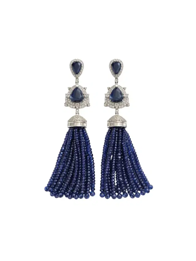Wish Fine Jewelry 132.72ct Blue Sapphire Diamond 14K Gold Dangle Earrings