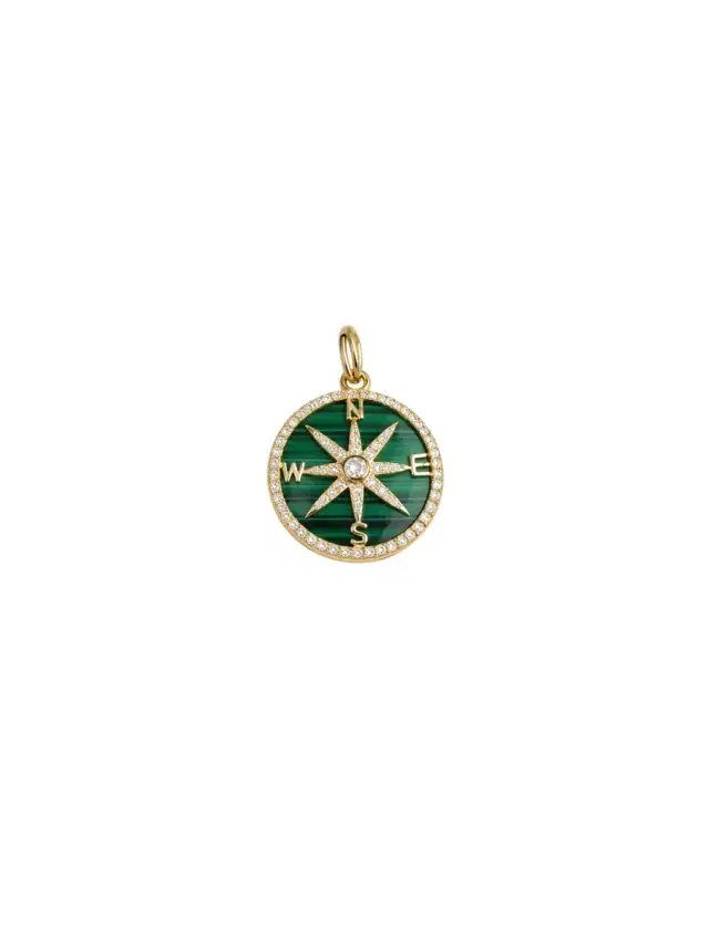 7.6ct Diamond Malachitel 14K Gold Compass Pendant