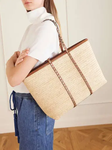 Valentino Garavani Rockstud Leather-trimmed Raffia Tote | Thumbnail 3