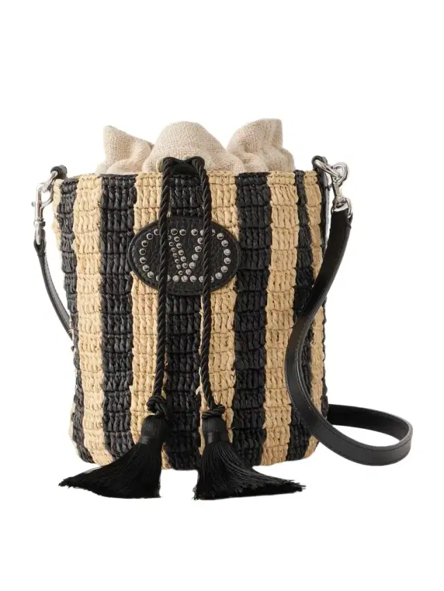 Embellished Striped Leather-trimmed Raffia Bucket Bag