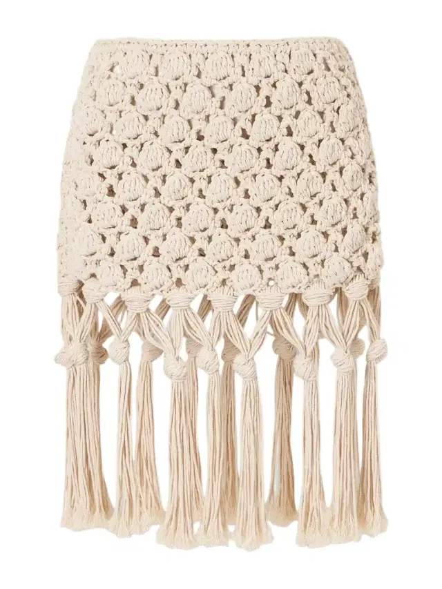 Fringed Crochet-knit Cotton Mini Skirt