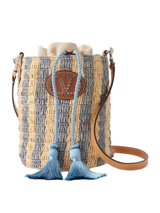 Embellished Striped Leather-trimmed Raffia Bucket Bag