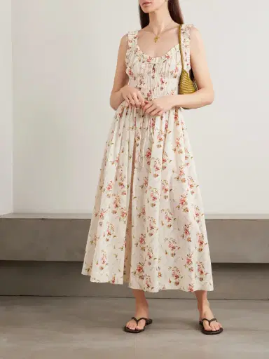DÔEN Emmaretta Tie-detailed Shirred Floral-print Organic Cotton Midi Dress | Thumbnail 2
