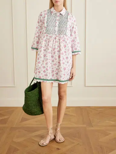 Loretta Caponi Alassio Shirred Embroidered Floral-print Cotton-poplin Mini Dress | Thumbnail 2