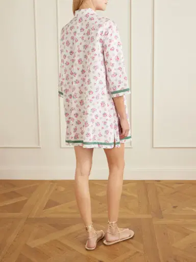 Loretta Caponi Alassio Shirred Embroidered Floral-print Cotton-poplin Mini Dress | Thumbnail 3