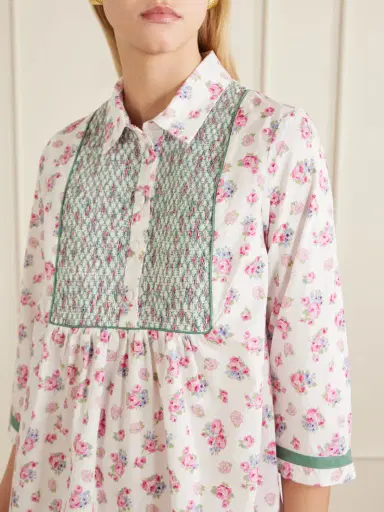 Loretta Caponi Alassio Shirred Embroidered Floral-print Cotton-poplin Mini Dress | Thumbnail 4
