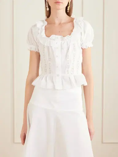 Loretta Caponi Terracina Ruffled Lace-trimmed Cotton-poplin Blouse | Thumbnail 3
