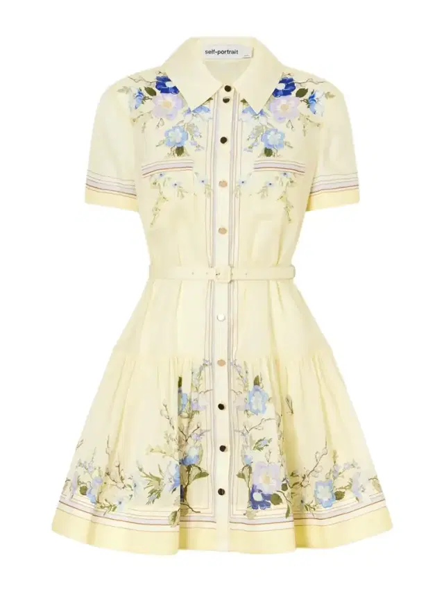 Self-Portrait Belted Floral-print Organza Mini Shirt Dress