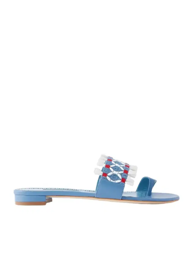 Brava Raffia-trimmed Crocheted Leather Sandals