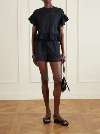 Ulla Johnson Vedi Ruffled Broderie Anglaise Organic Cotton-jersey Shorts | Thumbnail 2 Ulla Johnson Vedi Ruffled Broderie Anglaise Organic Cotton-jersey Shorts | Thumbnail 2