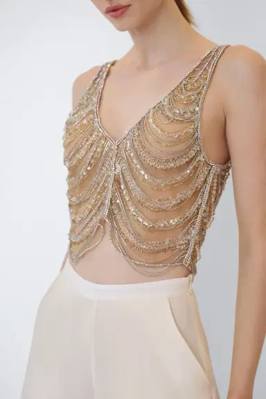 Lapointe Draped Crystal Embroidery V Neck Tank | Thumbnail 3