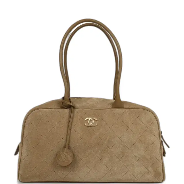 Chanel Large Bowling Bag Dark Beige Suede Gold Hardware