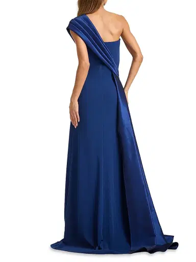Tadashi Shoji Women's One-Shoulder Taffeta-Trim Crepe Gown - Navy - Size Medium | Thumbnail 5