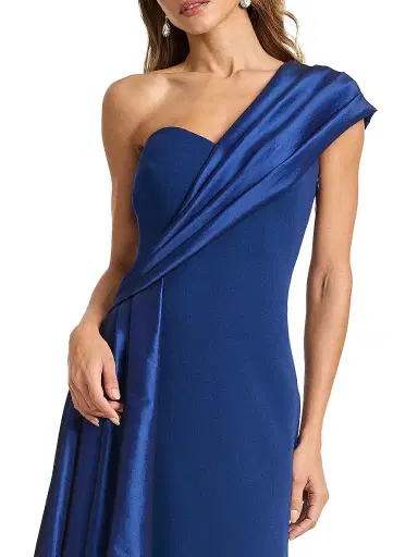 Tadashi Shoji Women's One-Shoulder Taffeta-Trim Crepe Gown - Navy - Size Medium | Thumbnail 6