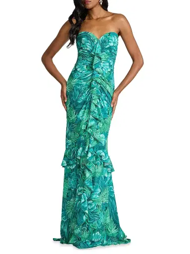 Tadashi Shoji Women's Tropical Print Ruffled Strapless Gown - Emerald Green Multi - Size 8 | Thumbnail 2 Tadashi Shoji Women's Tropical Print Ruffled Strapless Gown - Emerald Green Multi - Size 8 | Thumbnail 2