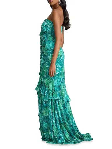 Tadashi Shoji Women's Tropical Print Ruffled Strapless Gown - Emerald Green Multi - Size 8 | Thumbnail 4 Tadashi Shoji Women's Tropical Print Ruffled Strapless Gown - Emerald Green Multi - Size 8 | Thumbnail 4