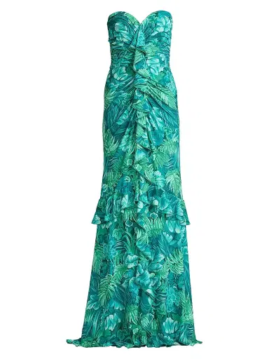 Tadashi Shoji Women's Tropical Print Ruffled Strapless Gown - Emerald Green Multi - Size 8 | Thumbnail 1 Tadashi Shoji Women's Tropical Print Ruffled Strapless Gown - Emerald Green Multi - Size 8 | Thumbnail 1