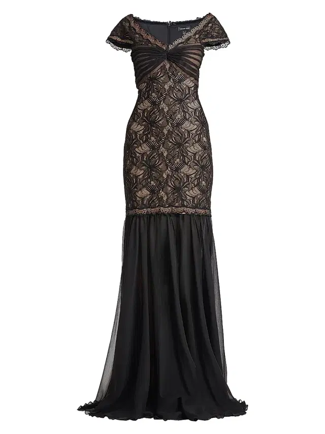 Women's Lace Chiffon Mermaid Gown - Black Tan