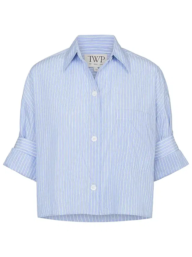 Women's Next Ex Striped Cotton Crop Shirt - Blue Haven White