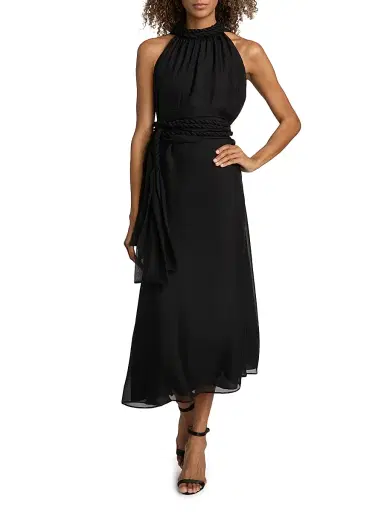 AZEEZA Women's Dany Silk Chiffon Drape Midi-Dress - Black | Thumbnail 2 AZEEZA Women's Dany Silk Chiffon Drape Midi-Dress - Black | Thumbnail 2