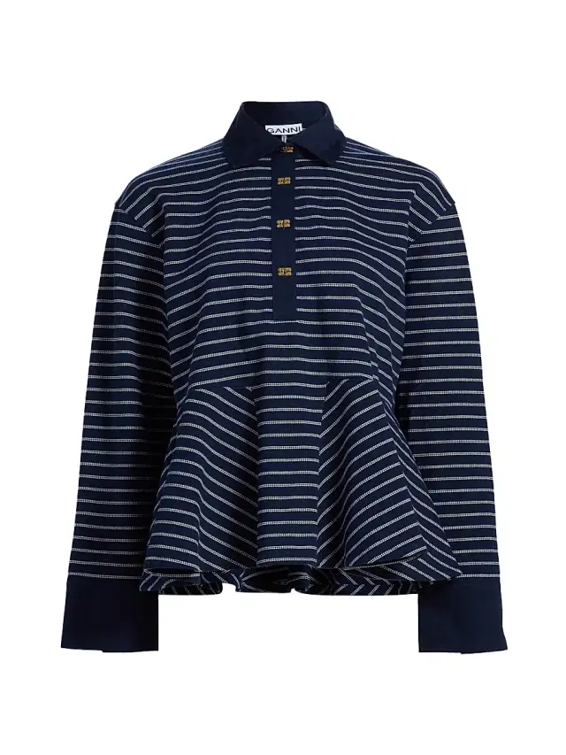 Ganni Women's Striped Single Piqué Cotton Peplum Top - Sky Captain