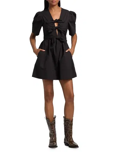 Ganni Women's Tie-Waist Stretch-Cotton A-Line Minidress | Thumbnail 2 Ganni Women's Tie-Waist Stretch-Cotton A-Line Minidress | Thumbnail 2
