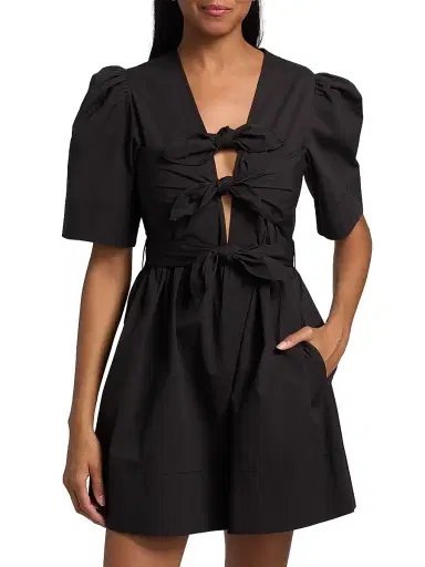 Ganni Women's Tie-Waist Stretch-Cotton A-Line Minidress | Thumbnail 3 Ganni Women's Tie-Waist Stretch-Cotton A-Line Minidress | Thumbnail 3