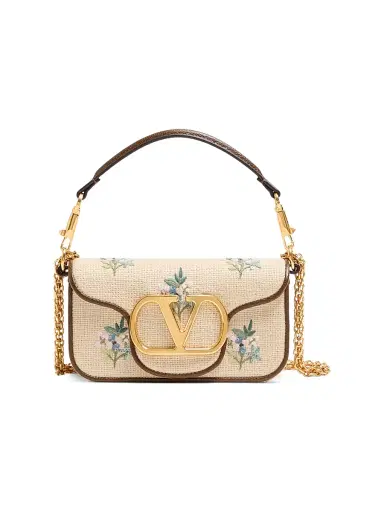 Valentino Garavani Women's Locò Linen Shoulder Bag with Embroidery - Natural | Thumbnail 1 Valentino Garavani Women's Locò Linen Shoulder Bag with Embroidery - Natural | Thumbnail 1