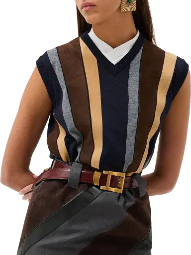 Versace Women's Striped Leather Patchwork Sleeveless Virgin Wool Vest | Thumbnail 2