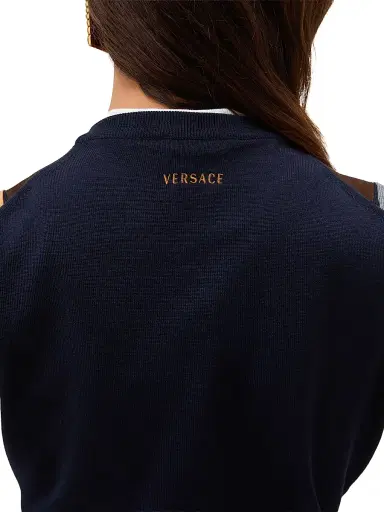 Versace Women's Striped Leather Patchwork Sleeveless Virgin Wool Vest | Thumbnail 3