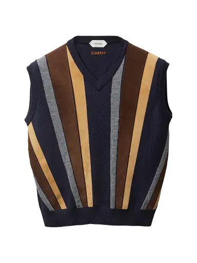 Versace Women's Striped Leather Patchwork Sleeveless Virgin Wool Vest | Thumbnail 1