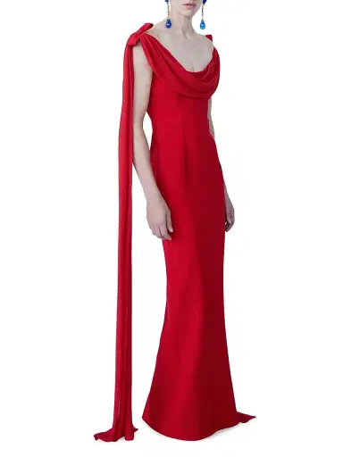 The New Arrivals Ilkyaz Ozel Women's Morticia Crepe Drape Bow Gown - Pedro Red | Thumbnail 1