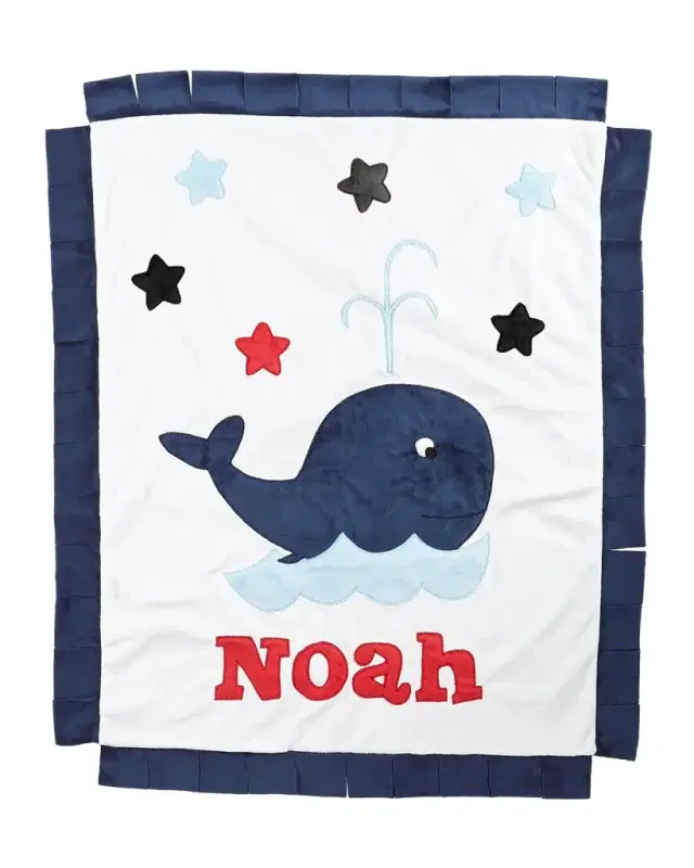 Boogie Baby Personalized Whale Plush Blanket, White/Navy