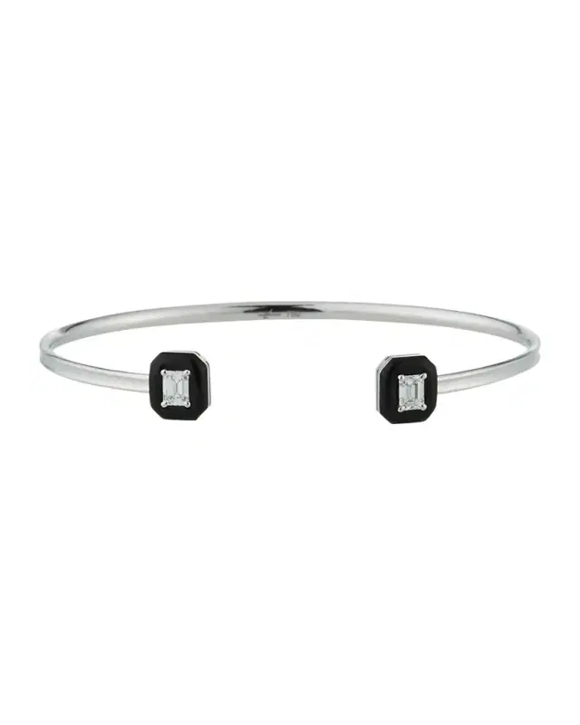 Oui 18k White Gold Diamond & Black Enamel Octagon Bangle Bracelet