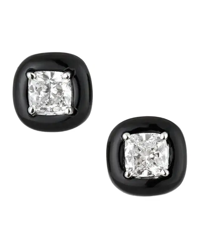 18k Oui Diamond & Black Enamel Stud Earrings