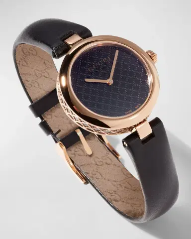 Gucci 32mm Diamantissima Watch with Leather Strap, Black/Rose | Thumbnail 3