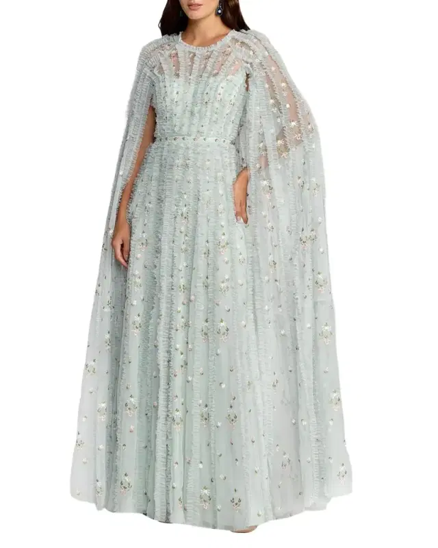 Mac Duggal Embroidered Cape-Sleeve Mesh Gown