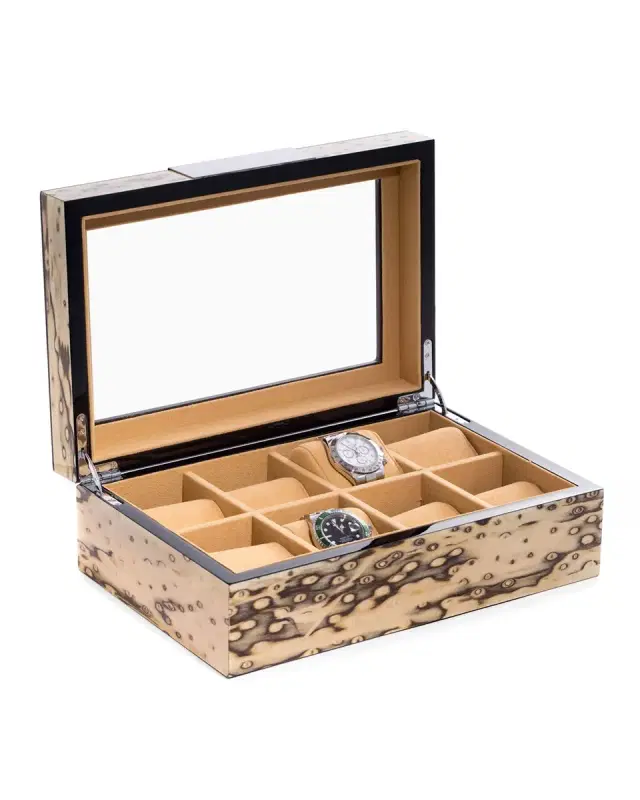 Bey-Berk Men 's Exotic Ice Lacquered Burl Wood 8-Watch Storage Box