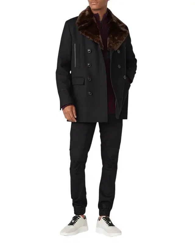 Karl Lagerfeld Paris Men 's Wool Peacoat w/ Faux Fur Collar