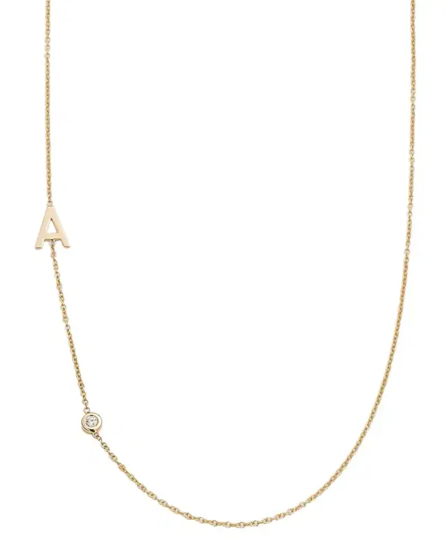 14K Gold Asymmetrical Initial and Bezel Diamond Necklace