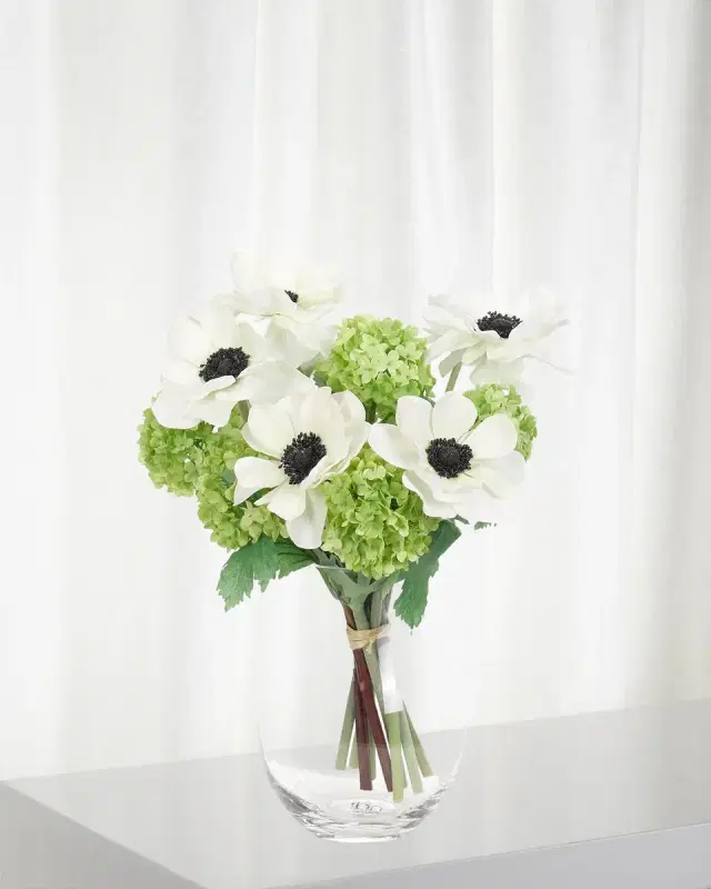 NDI Faux Anemone Snowball Floral Arrangement in Glass Vase