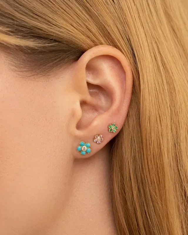 Large Diamond Center Flower Stud Earrings with Turquoise