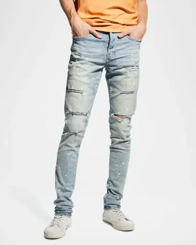 PURPLE Men's Distressed Light-Wash Paint Jeans | Thumbnail 4
