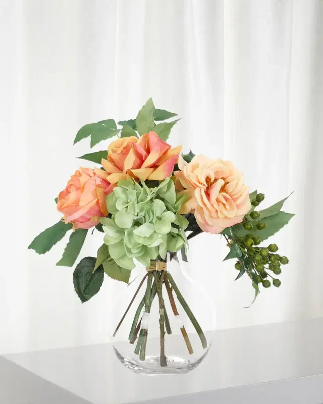 NDI Faux Rose & Hydrangea Arrangement in Bubble Planter